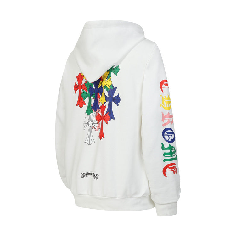 Back view of a white Chrome Hearts long hoodie featuring colorful floral designs and bold text.