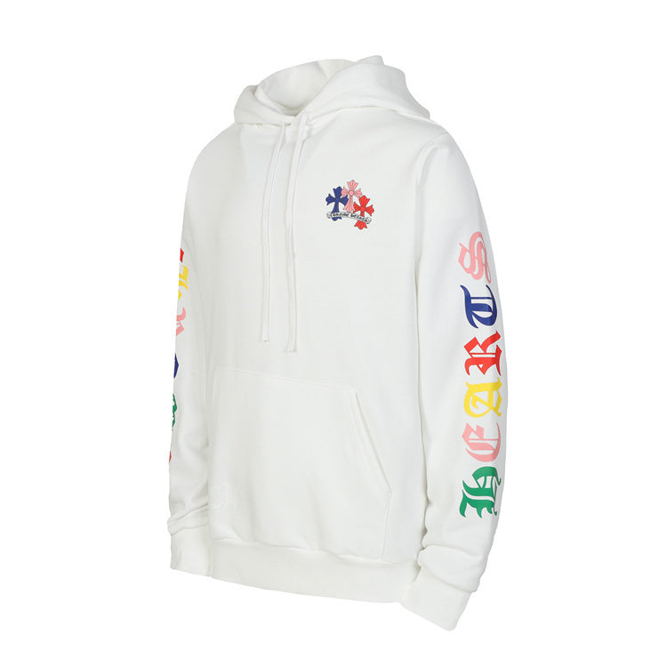 Chrome Hearts long hoodie in white with colorful sleeve designs, perfect for stylish streetwear.