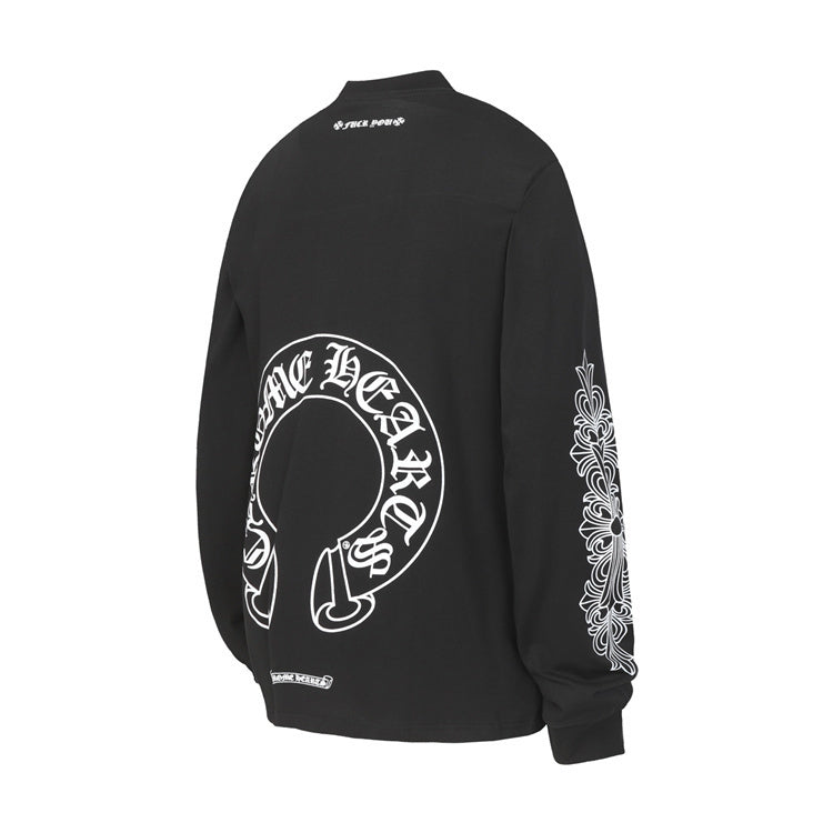 Chrome Hearts long sleeve black shirt with bold graphics on back and sleeve.