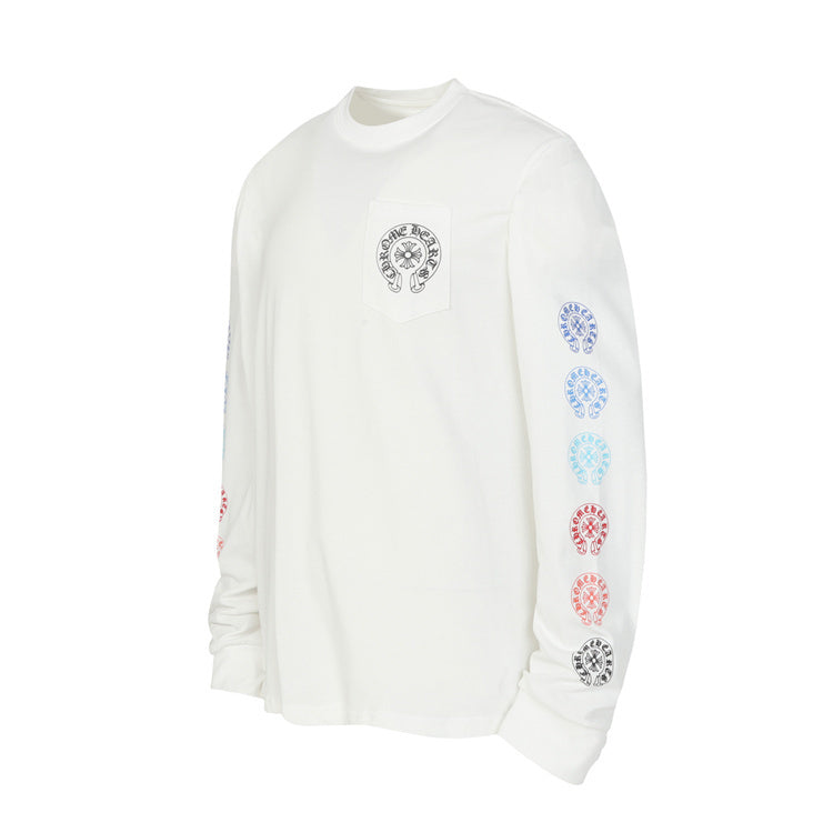 chrome hearts long sleeve shirt featuring colorful designs on the sleeves and a pocket logo.