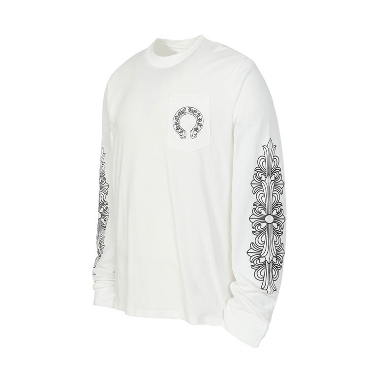 Chrome Hearts long sleeve shirt with intricate designs on sleeves and pocket detail.