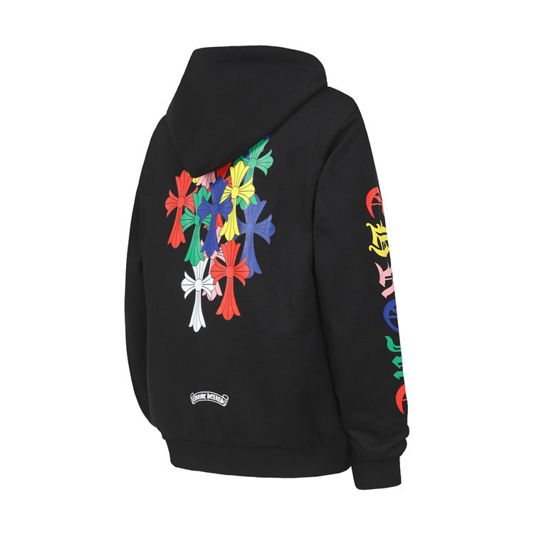 Chrome Hearts long hoodie featuring colorful graphic design on the back and stylish streetwear appeal.