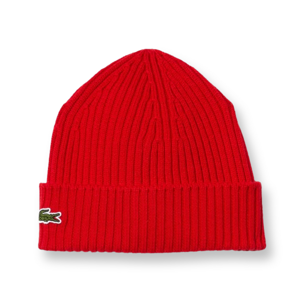 LACOSTE  UNISEX RIBBED WOOL BEANIE RED
